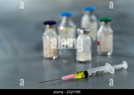 Analysis system, syringe, and other laboratory utensils. Stock Photo