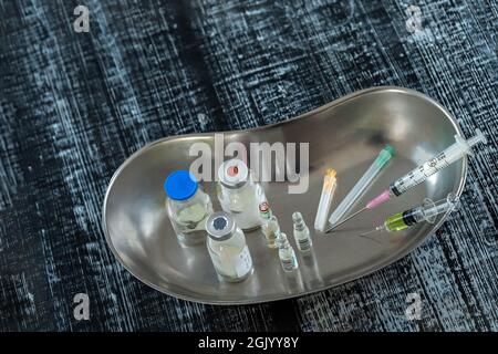 Analysis system, syringe, and other laboratory utensils. Stock Photo