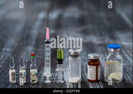 Analysis system, syringe, and other laboratory utensils. Stock Photo