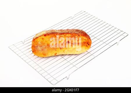 Freshly baked sourdough and cheese artisan bread laid on a wire metal cooling rack Stock Photo