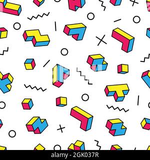 Colorful game 3d blocks and various graphic elements on white background. Memphis style design. Stock Photo