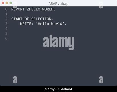 ABAP language Hello World program sample in editor window illustration Stock Vector