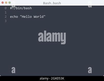 Bash language Hello World program sample in editor window illustration Stock Vector
