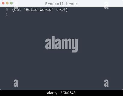 Broccoli language Hello World program sample in editor window illustration Stock Vector
