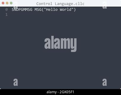 Control Language language Hello World program sample in editor window illustration Stock Vector