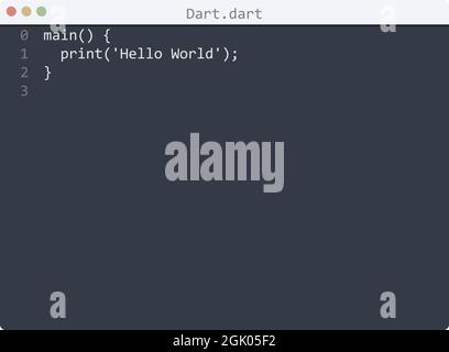 Dart language Hello World program sample in editor window illustration ...