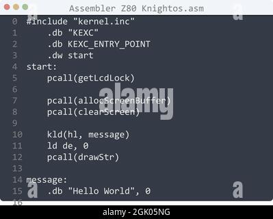 Assembler Z80 Knightos language Hello World program sample in editor ...