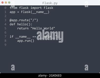 Flask language Hello World program sample in editor window illustration ...