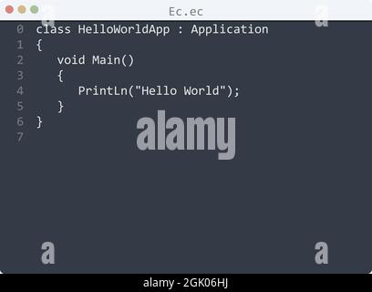 Ec language Hello World program sample in editor window illustration ...
