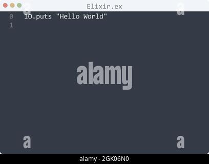 Elixir language Hello World program sample in editor window ...