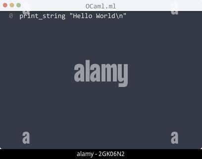 OCaml language Hello World program sample in editor window illustration Stock Vector