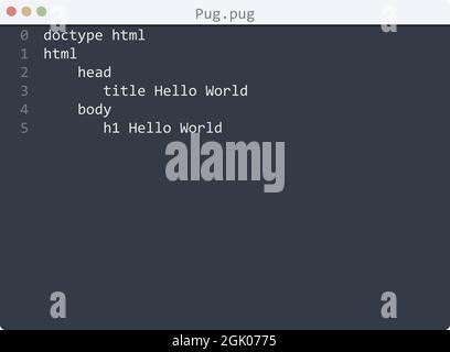 Pug language Hello World program sample in editor window illustration Stock Vector