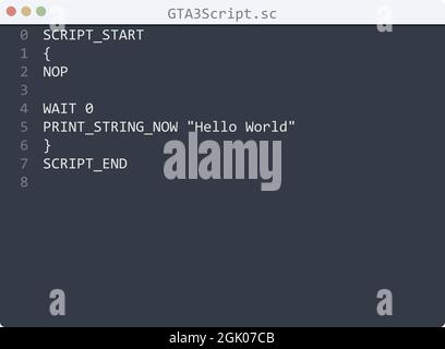 GTA3Script language Hello World program sample in editor window ...
