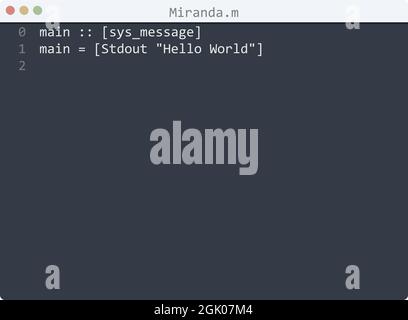 Miranda language Hello World program sample in editor window illustration Stock Vector