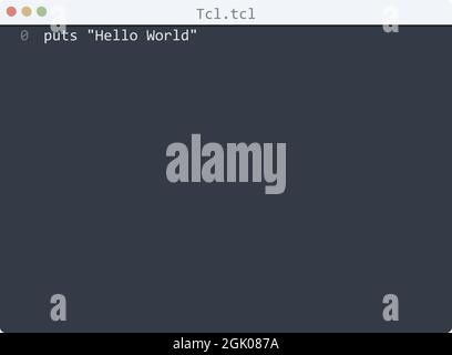 Tcl language Hello World program sample in editor window illustration Stock Vector
