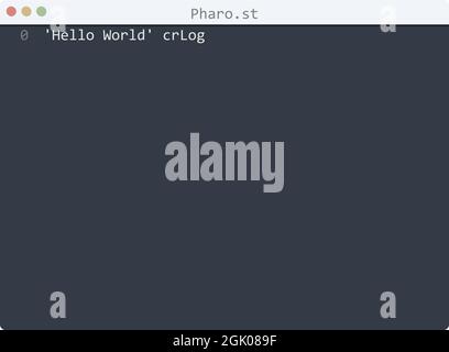 Pharo language Hello World program sample in editor window illustration Stock Vector