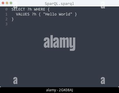 SparQL language Hello World program sample in editor window illustration Stock Vector