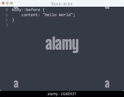 Scss language Hello World program sample in editor window illustration Stock Vector