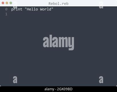 Rebol language Hello World program sample in editor window illustration ...