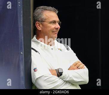 Houston, Texas, USA. September 12, 2021: Jacksonville Jaguars head coach Urban Meyer looks out onto the field at NRG Stadium before the start of an NFL game between the Houston Texans and the Jacksonville Jaguars on September 12, 2021 in Houston, Texas. (Credit Image: © Scott Coleman/ZUMA Press Wire) Credit: ZUMA Press, Inc./Alamy Live News Stock Photo