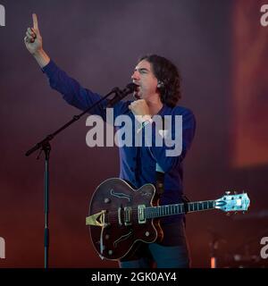Glasgow, UK. 12th Sep, 2021. PICTURED: Gary Lightbody, frontman, singer and guitarist of band, Snow Patrol, seen playing on the main stage to a packed crowd at Glasgow Green at TRNSMT 2021 on the final day of the live music festival. Credit: Colin Fisher/Alamy Live News Stock Photo