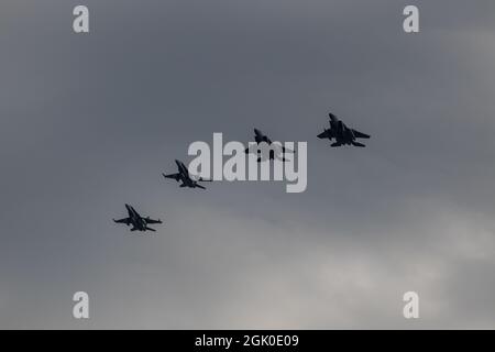 Montreal, Quebec, Canada - 05 26 2021: NORAD exercise in Montreal. The USAF and RCAF practice together in the Montreal city area. 2 F18 and 2 F15 flyi Stock Photo