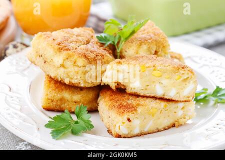 Traditional croquettes stuffed with eggs. Party dish Stock Photo