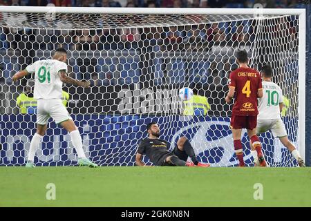 Roma, Italy. 12th Sep, 2021. Filip Djuricic of US Sassuolo scores the goal of 1-1 during the Serie A football match between AS Roma and US Sassuolo at Olimpico stadium in Rome (Italy), September 12th, 2021. Photo Antonietta Baldassarre/Insidefoto Credit: insidefoto srl/Alamy Live News Stock Photo