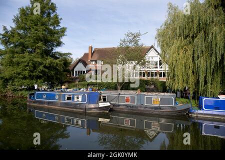 Narrowboats Moored by The Moorhen River Stort Harlow Essex Stock Photo