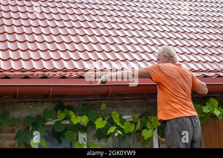 A man cleans out debris and leaves from the gutter system on the roof ...