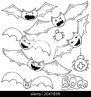 Set of bats in hand draw style. Collection of vector illustrations for Halloween design. Coloring elements, cartoon style. Sign, sticker, pin Stock Vector