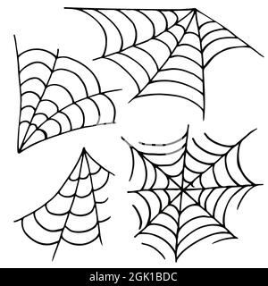 Set of spider webs in hand draw style. Collection of vector illustrations for Halloween design. Halloween elements, cartoon style. Sign, sticker, pin Stock Vector