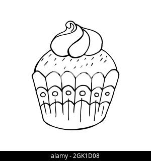 Linear icon of cupcake with marshmallow, muffin in hand draw style. Vector illustration for your design. Outline drawing, coloring book. Sign, icon, s Stock Vector
