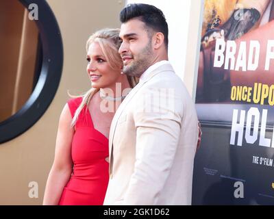 (FILE) Britney Spears Is Engaged to Sam Asghari After Nearly 5 Years Together. HOLLYWOOD, LOS ANGELES, CALIFORNIA, USA - JULY 22: Singer Britney Spears and boyfriend/personal trainer Sam Asghari arrive at the World Premiere Of Sony Pictures' 'Once Upon a Time In Hollywood' held at the TCL Chinese Theatre IMAX on July 22, 2019 in Hollywood, Los Angeles, California, United States. (Photo by Xavier Collin/Image Press Agency/Sipa USA)