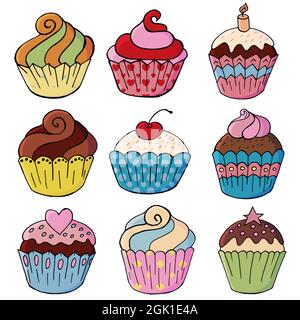 Set of icons of cupcakes, muffins in hand draw style. Collection of vector illustrations for your design. Sweet pastries, cute muffins. Sign, sticker Stock Vector