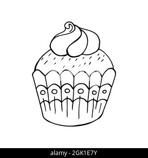 Linear icon of cupcake with marshmallow, muffin in hand draw style. Vector illustration for your design. Outline drawing, coloring book. Sign, icon, s Stock Vector