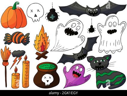 Set of Halloween design elements in hand draw style. Witch supplies, pumpkins, candy. Halloween icons, cartoon style. Sign, pin Stock Vector