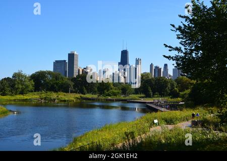 Overlooking the Chicago Skyline from the South Pond in the Lincoln Park neighborhood. Stock Photo