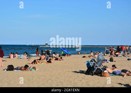 Crowds gather on North Avenue Beach in Chicago over the Labor Day weekend. Stock Photo