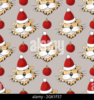 Seamless pastel pattern with tigers heads in Christmas hats. Pattern in hand draw style. New Year's holidays 2022. Year of the tiger Stock Vector