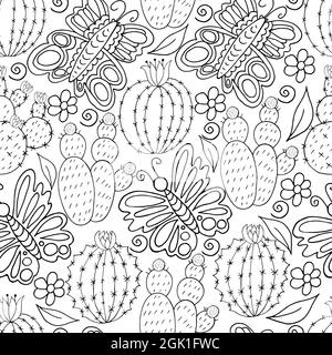 Seamless botanical illustration. Tropical pattern of different cacti, aloe, exotic animals. Butterflies, monochrome flowers, leaves Stock Vector