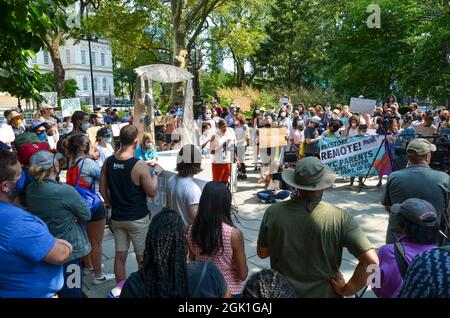 New York, United States. 12th Sep, 2021. Concerned NYC municipal employees and school students gathered at City Hall Park to demand the restoration of remote work & remote school for all students on September 12, 2021. (Photo by Ryan Rahman/Pacific Press) Credit: Pacific Press Media Production Corp./Alamy Live News Stock Photo