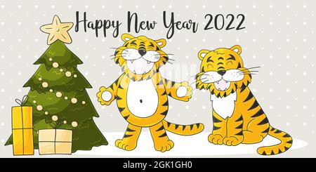 Astrological Symbol of 2022. Long New Year card in hand-draw style. Christmas tree, gifts. Two tigers. Bright illustration for postcards, calendars, p Stock Vector