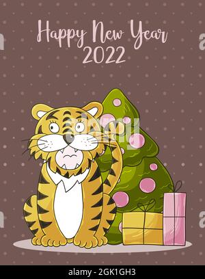 New year 2022. Symbol of 2022. New Year card in hand draw style. Christmas tree, gifts, tiger. Pastel illustration for postcards, calendars, posters Stock Vector
