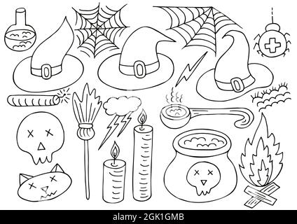 Set of Halloween design elements in hand draw style. Witch accessories. Halloween icons, Coloring style. Sign, sticker, pin Stock Vector