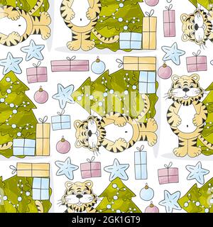 Seamless pastel pattern for year of the tiger 2022. Tiger, Christmas tree, gifts, Christmas tree decorations. Can be used for fabric, packaging, wrapp Stock Vector