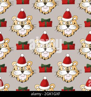 Seamless pastel pattern with tigers heads in New Year's hats, gifts. Pattern in hand draw style. Year of the tiger 2022. Can be used for fabric, wrapp Stock Vector