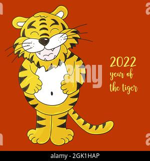 Symbol of 2022. Vector illustration with tiger in hand draw style. New Year. Cheerful tiger, stands and holds on to his stomach. Bright animal for car Stock Vector