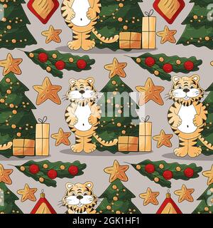 Bright Seamless pattern for year of the tiger 2022. Tiger, Christmas tree, gifts, Christmas tree decorations. Can be used for fabric, packaging, paper Stock Vector