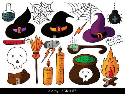Set of Halloween design elements in hand draw style. Witch accessories. Halloween icons, cartoon style. Sign, sticker, pin Stock Vector